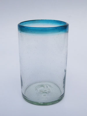 MEXICAN GLASSWARE / Aqua Blue Rim 14 oz Drinking Glasses (set of 6)
